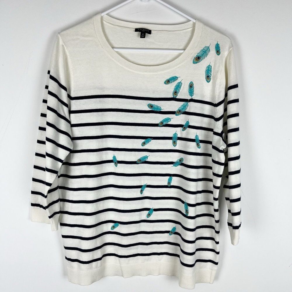 Talbots Sweater Womens Size 1X Peacock Feather‎ Embroidered Striped Casual​​​
